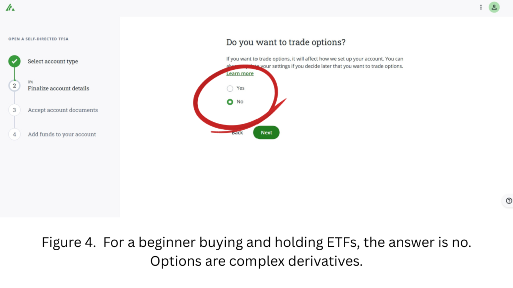 Trading options is set to no for beginner investor