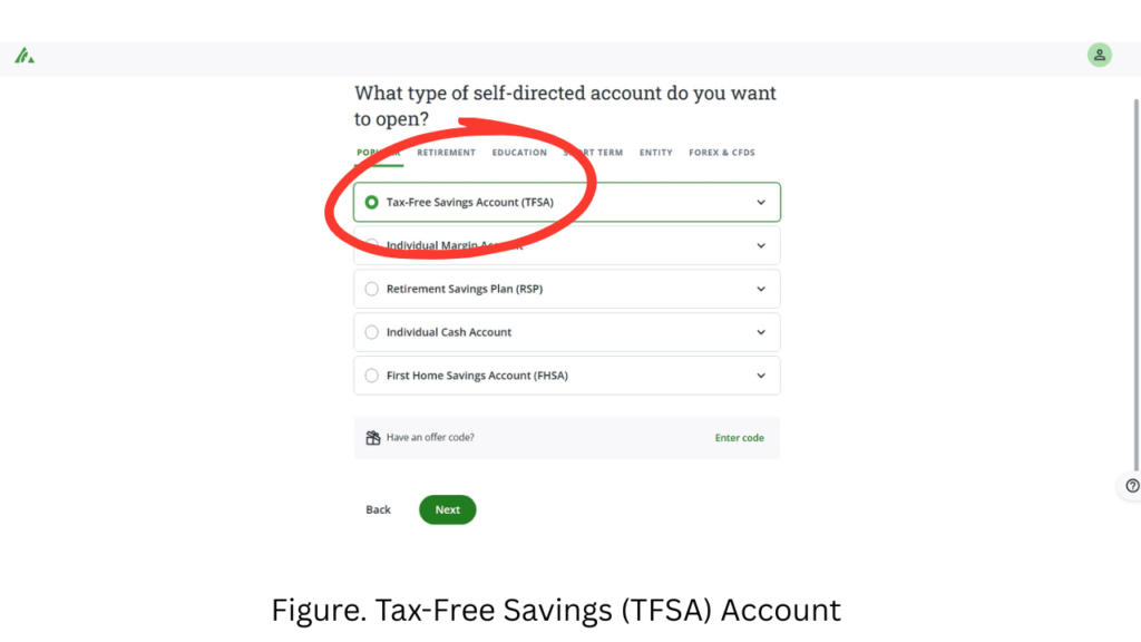 Questrade TFSA account application screen showing supported account types