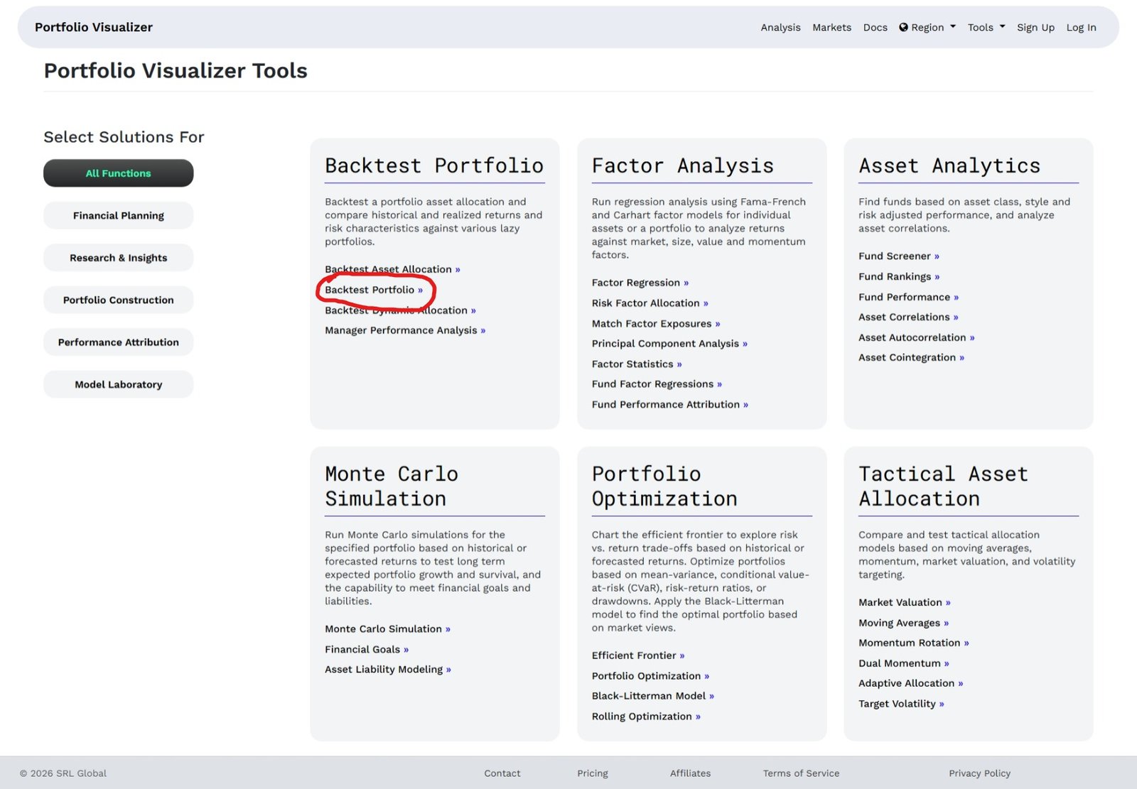 Open Backtesting portfolio tool on portfoliovisualizer.com