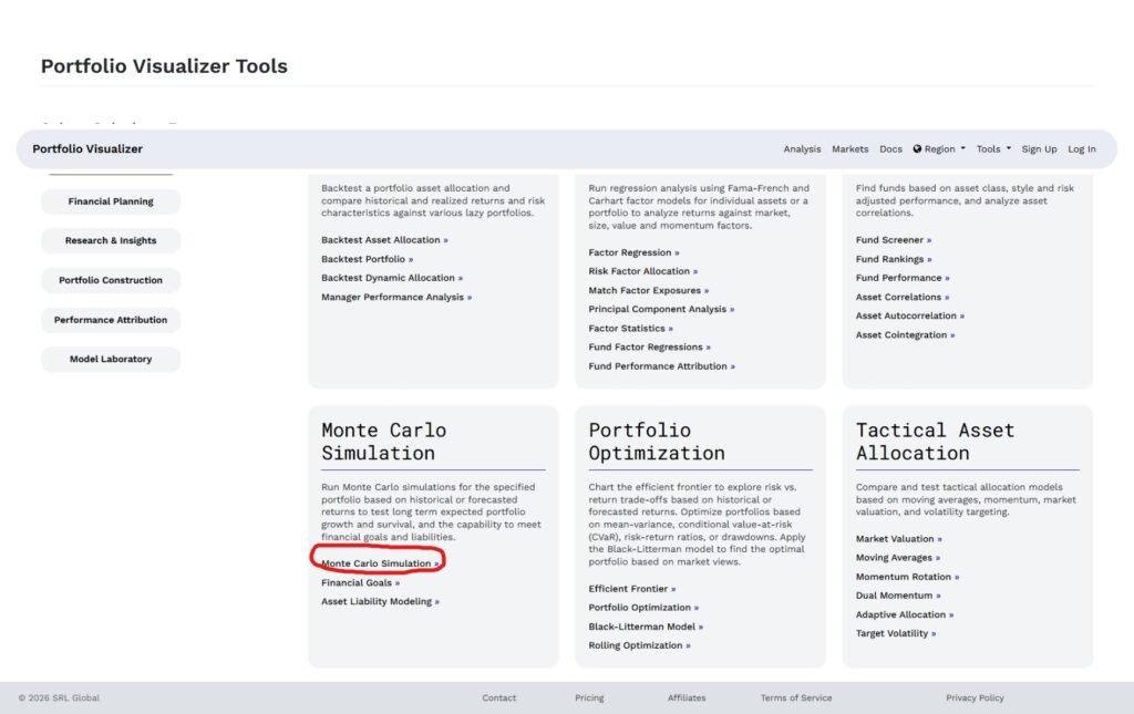 Start Monte Carlo Simulation Tool portfoliovisualizer.com
