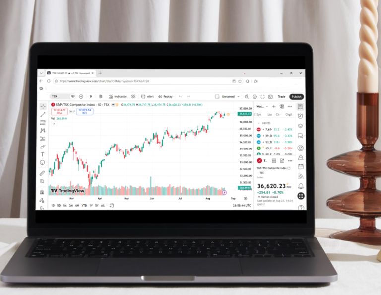 tradeview candlestick chart on a laptop screen, the TradingView interface with a Canadian ticker like a broad-market TSX ETF.