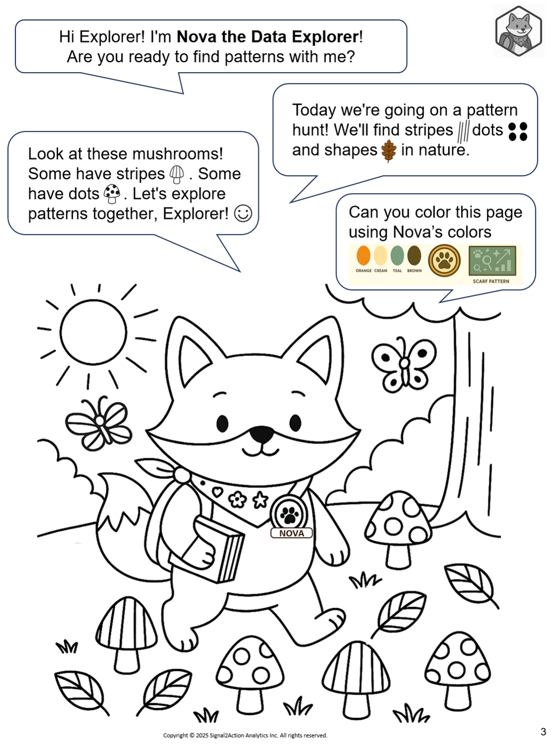 Sample workbook page: Hi Explorer, a pattern hunt with mushrooms
