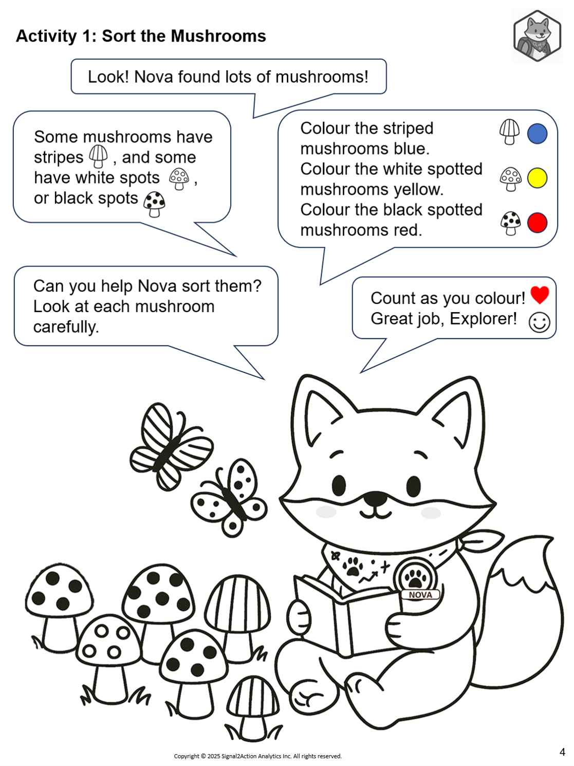 Sample workbook page: Sort the mushrooms by stripes and spots