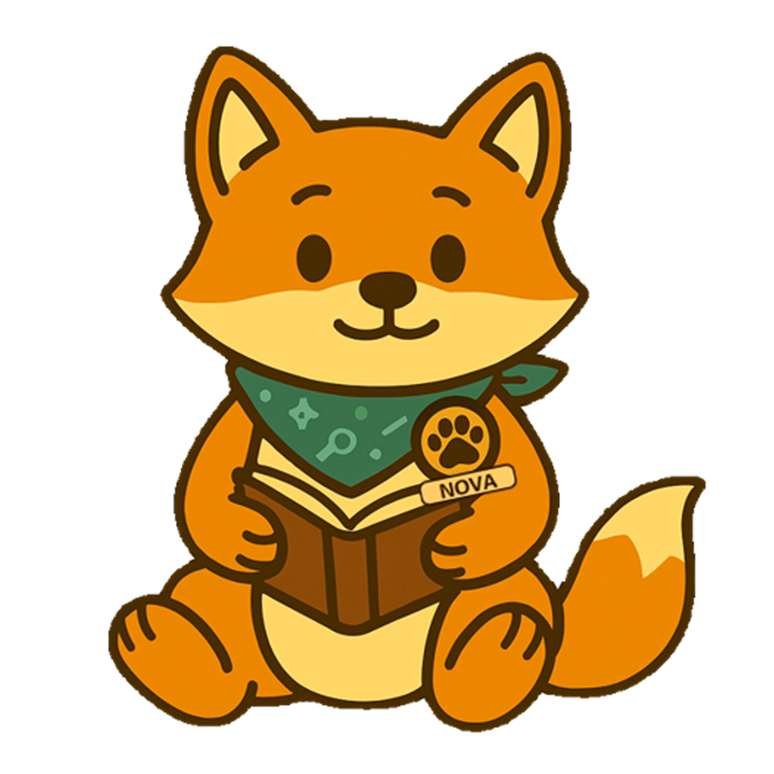 Nova the Data Explorer, a friendly fox with a data badge and green bandana, reading a book